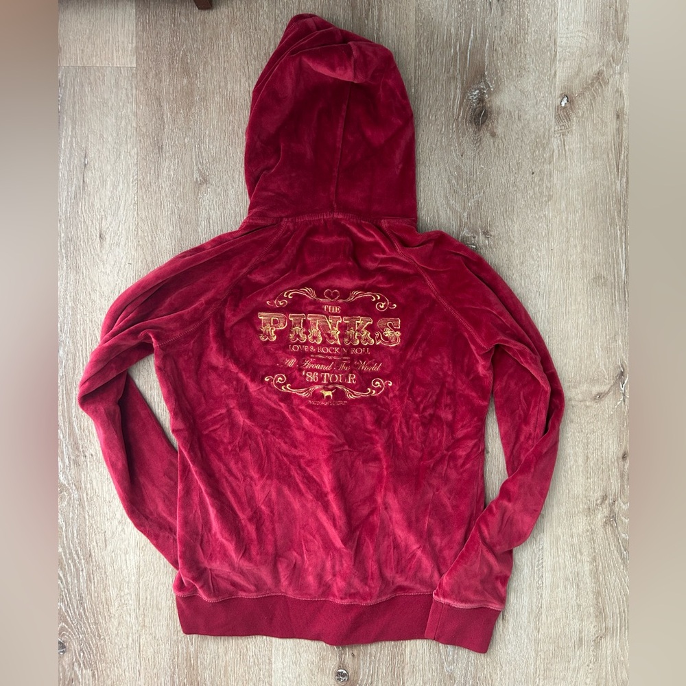 PINK Red Velour Hoodie with Gold Embroidery